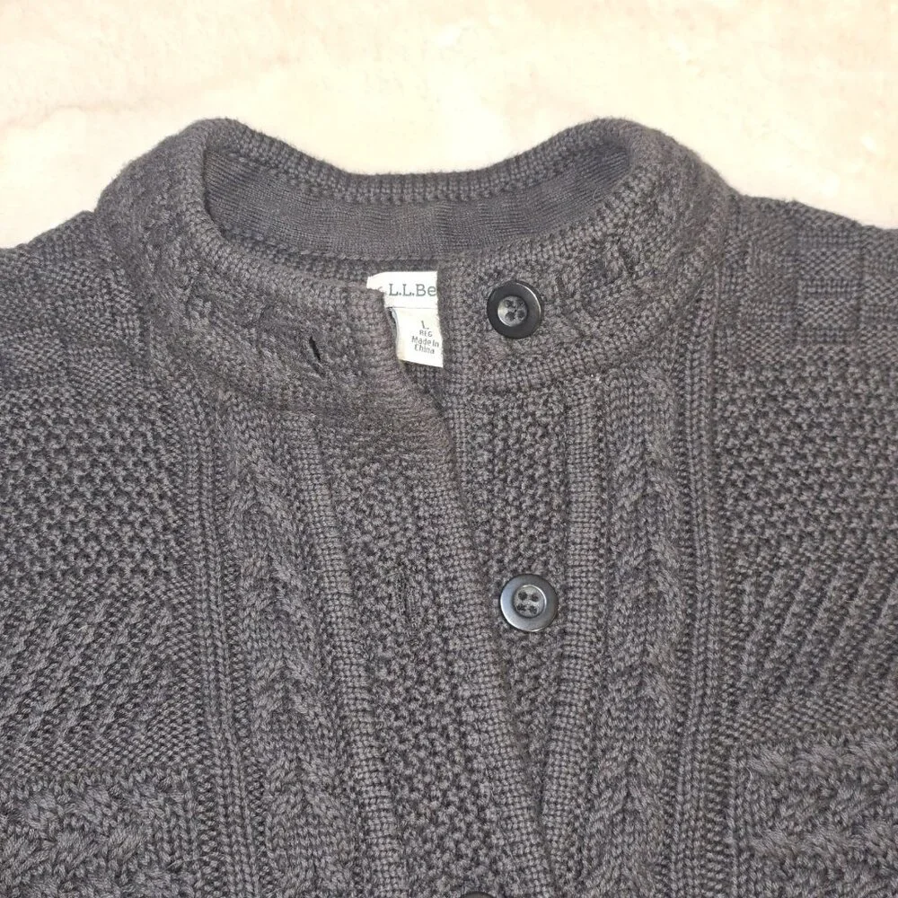 L.L.Bean Women’s L Textured Cable Knit Cotton Button Front Cardigan Black - Picture 3 of 9